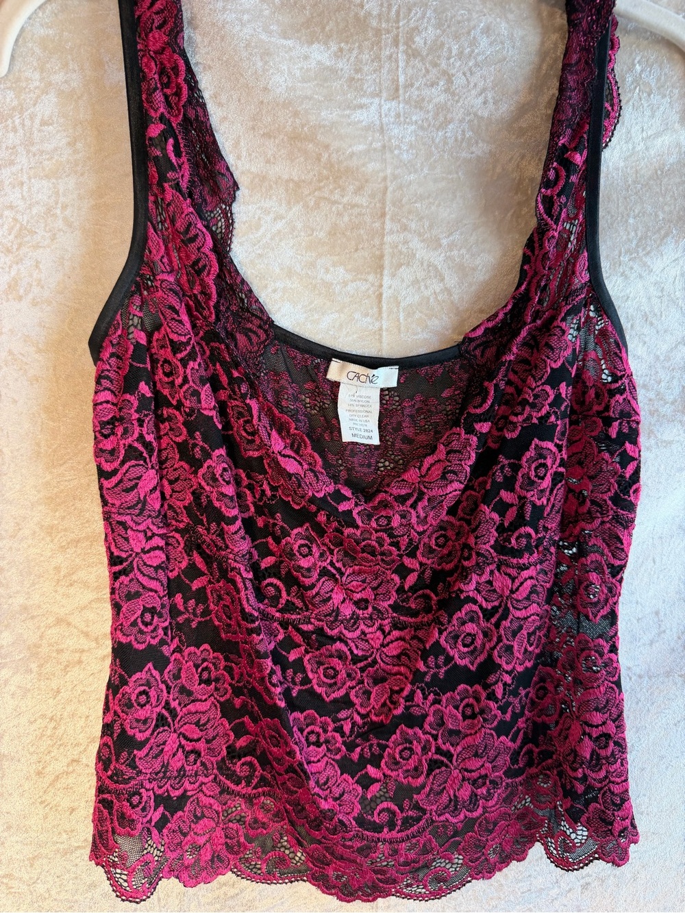 Cache Vintage Y2K Pink Black Floral Lace Cowl tank top size M